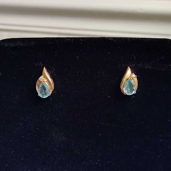 Gold Clear and Blue Rhinestone Earrings - Picture 3 of 6